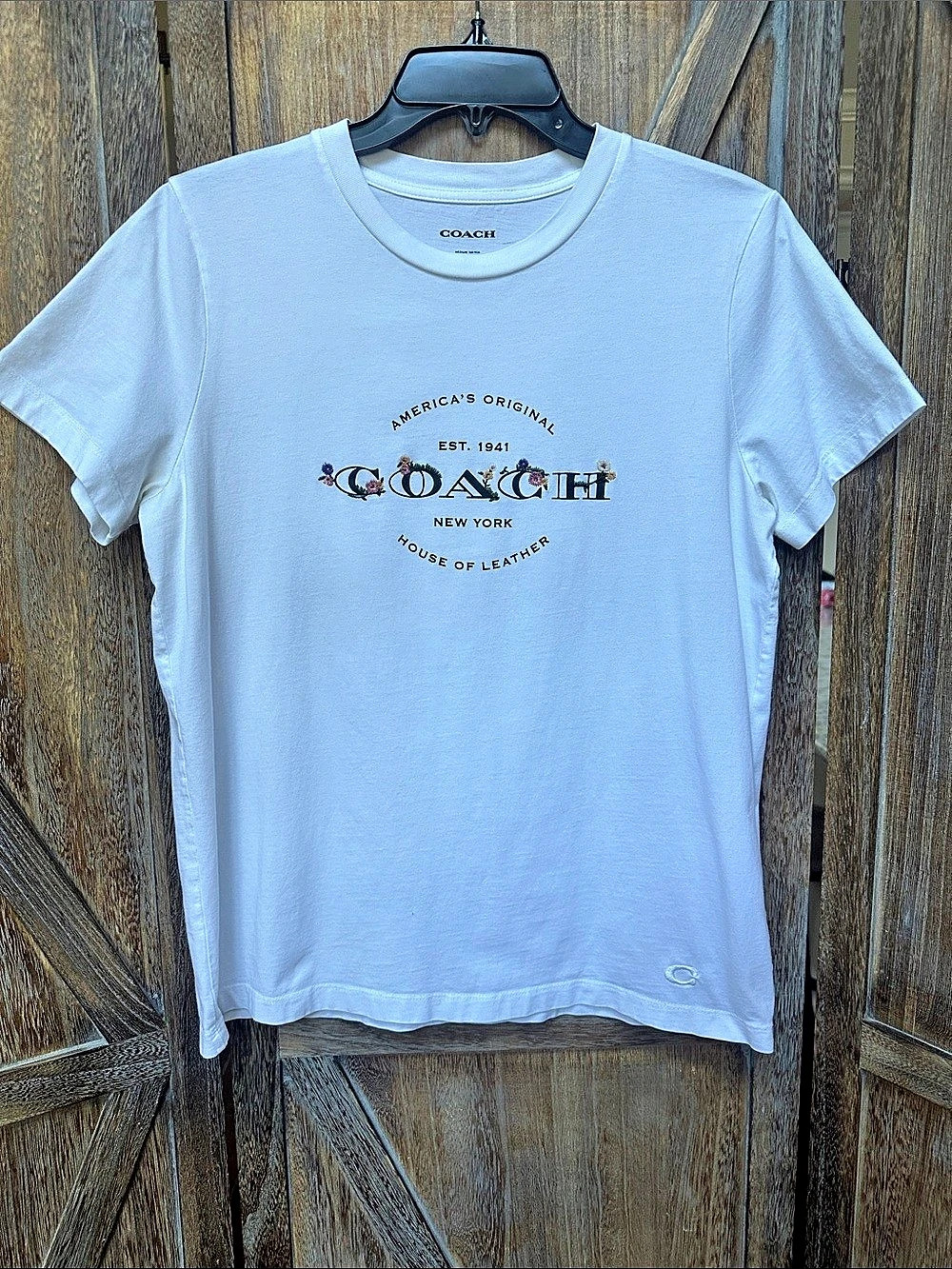 Coach Floral Collage Logo White T-Shirt Womenās Size Medium